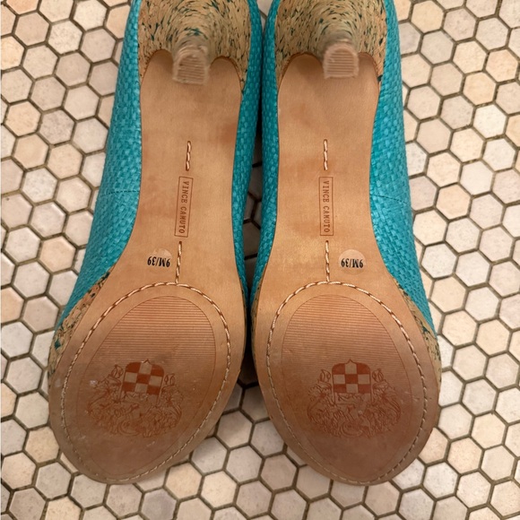 Vince Camuto Teal Textured Peep-Toe Heels - Picture 3 of 4